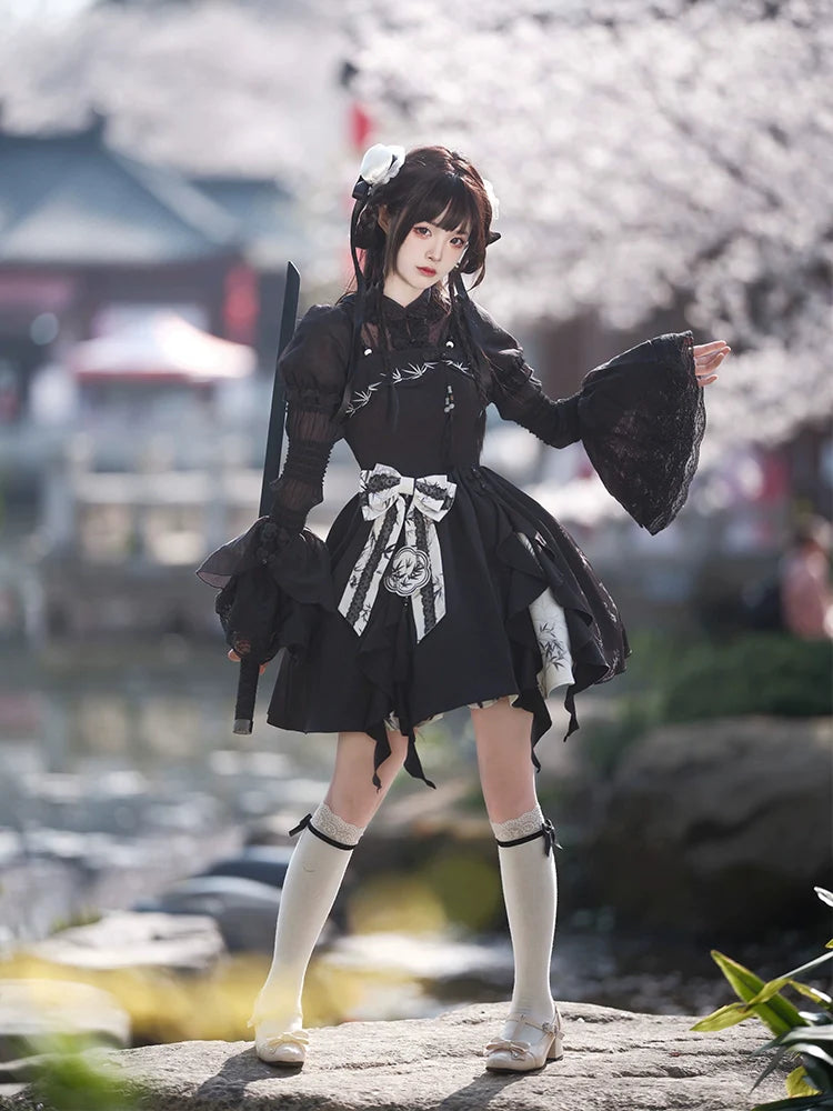 Qi Lolita Cheongsam Inspired Puff Sleeve, Sleeping Bamboo 竹隐花眠
