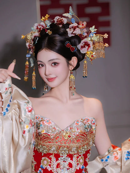Spark of the Golden Orchid - Gradient Floral Bridal Hair Accessories Light Butterfly Headpiece for Chinese Wedding