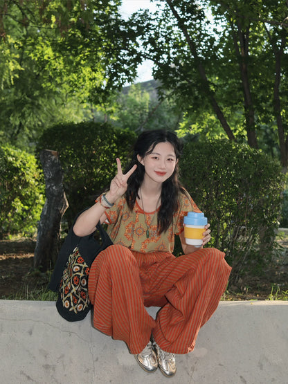 Peach Blossom 桃之夭夭 - Tang-Style Hanfu Half-Sleeve Top with Linen Pants (Preorder)