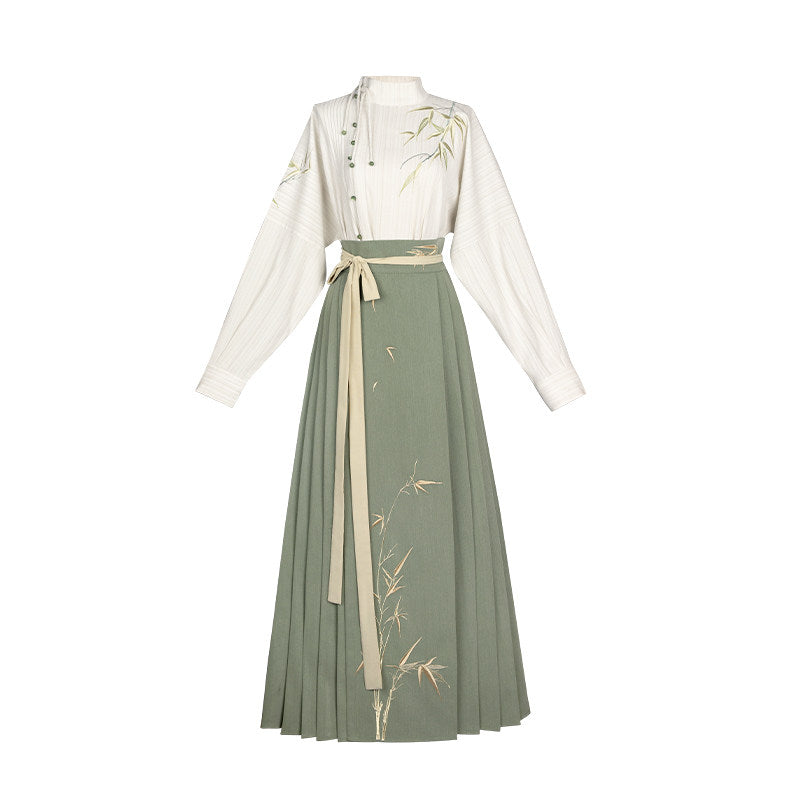 New Chinese Style Long Sleeve Top with Mamianqun Hanfu Set - Gratitude 知竹