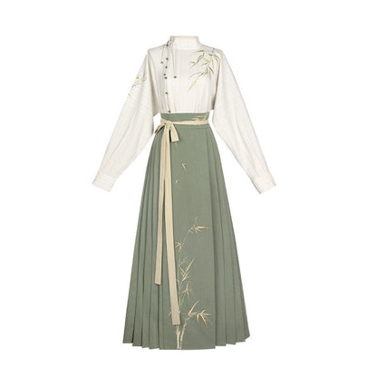 New Chinese Style Long Sleeve Top with Mamianqun Hanfu Set - Gratitude 知竹