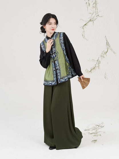 Modern Qing Han Inspired Embroidered Collarless Jacquard Vest - Porcelain 茗瓷 (Preorder)