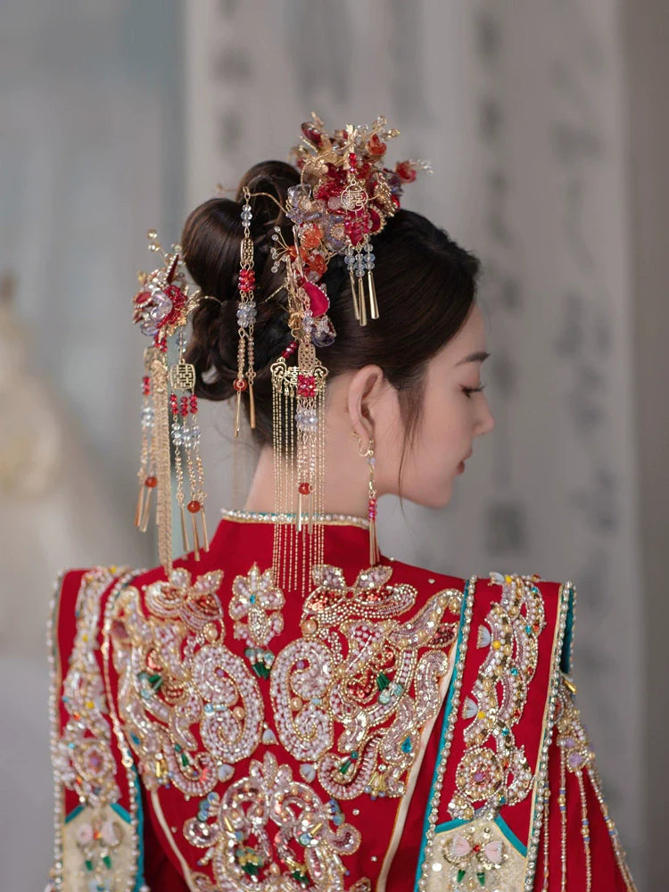 Twilight Azure - Red and Blue Phoenix Crown Bridal Headpiece Handmade Tassel Chinese Wedding Hair Accessories for Hanfu Bride