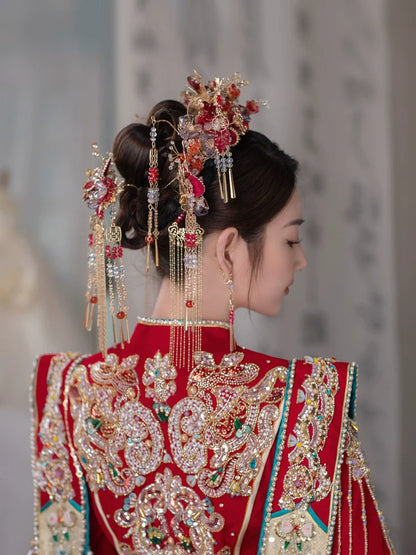 Twilight Azure - Red and Blue Phoenix Crown Bridal Headpiece Handmade Tassel Chinese Wedding Hair Accessories for Hanfu Bride