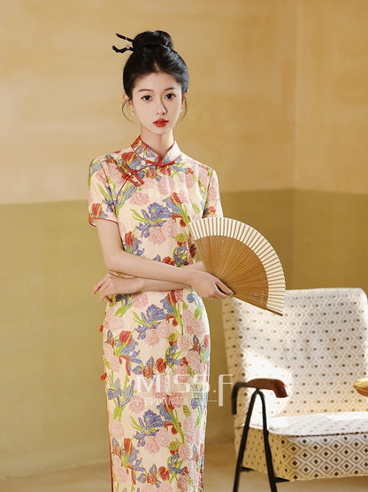 Short Sleeve Floral Long Cheongsam | Wenwen