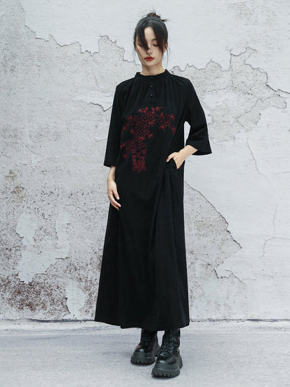 New Chinese Style Embroidered Loose Black Dress - Denglei 灯芯