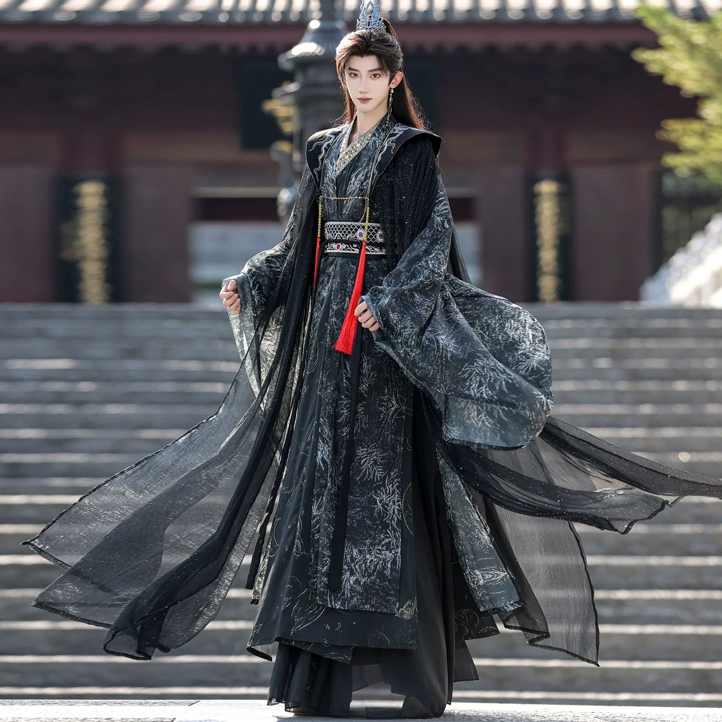 Night Ink Sovereign 夜墨青王 - Unisex Hanfu Cloak Robe in Dark Immortal Style, Song-Inspired Chinese Outfit