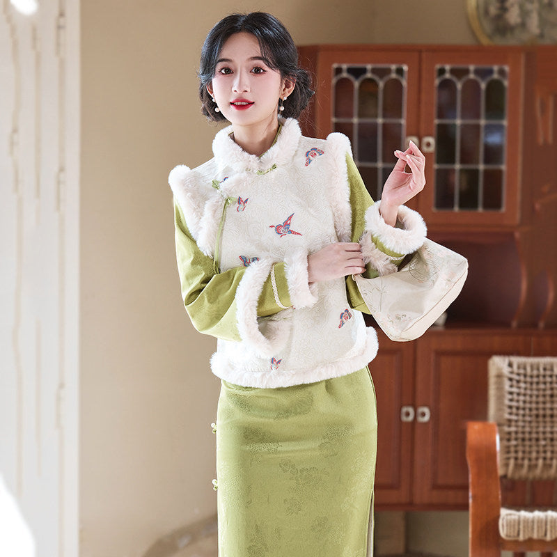 Long Sleeve Fur Trim Floral Qipao and Vest | Xinxue