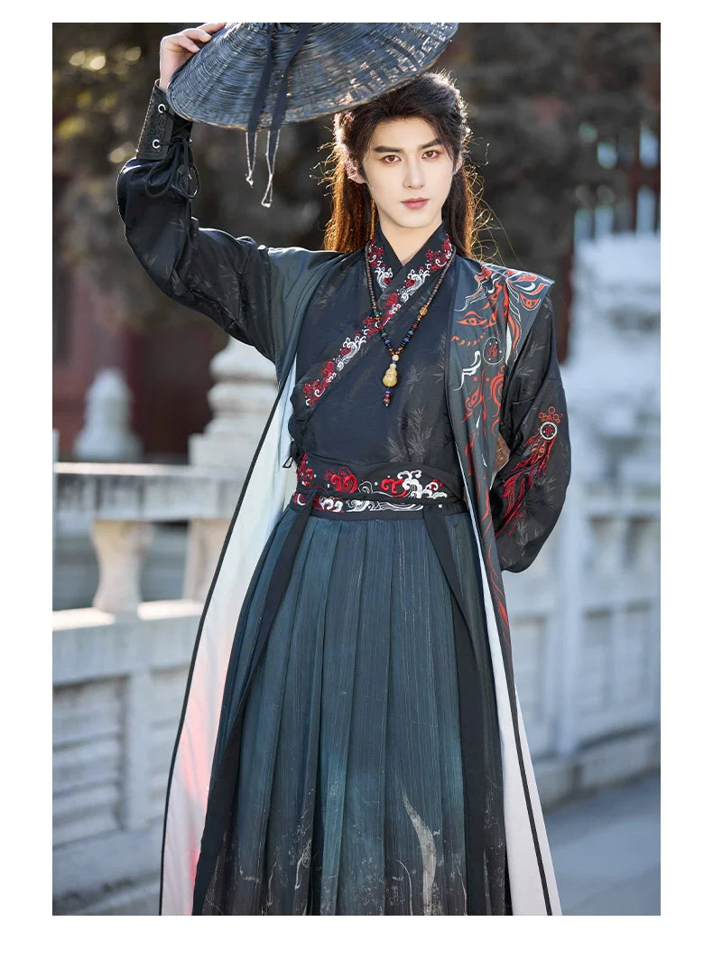 Crimson Flame 赤焰 - Unisex Wei-Jin Style Hanfu Robe with Cross Collar, Cool Heroic Ancient Style Outfit