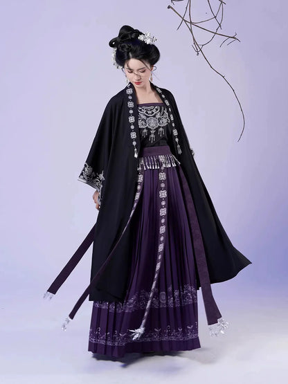 Miao Ethnic Inspired Hanfu Set with Embroidered Half-Sleeve Top & Pleated Bell Skirt - Yanyan Yinlin 晏晏银铃 (Preorder)