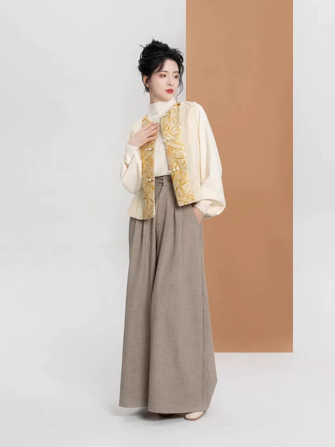 New Chinese Style Bamboo Motif Brocade Vest, Sweater & Tailored Wide Leg Pants - Golden Bamboo Branch 金枝竹 (Preorder)