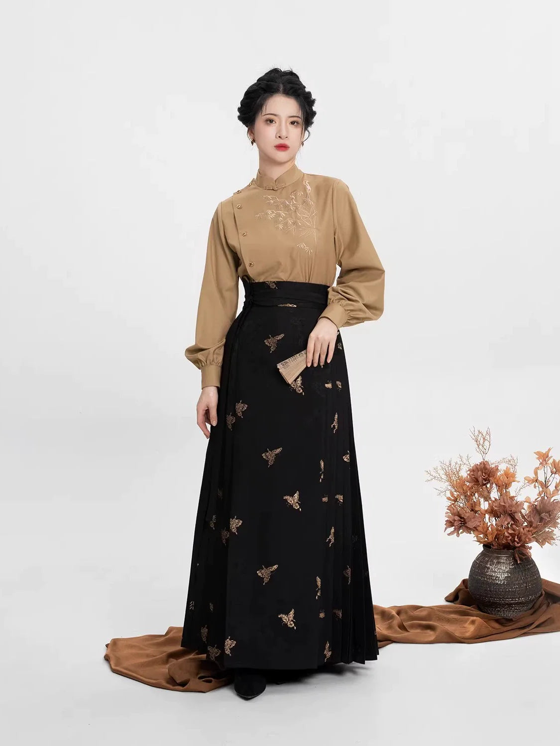 New Chinese Style Women Long Sleeve Top, Skirt & Long Coat Modern Hanfu Set - Brown Pine 泠竹褐松 (Preorder)