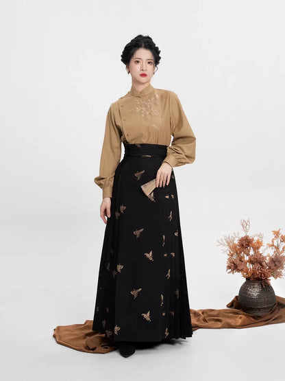 New Chinese Style Women Long Sleeve Top, Skirt & Long Coat Modern Hanfu Set - Brown Pine 泠竹褐松 (Preorder)