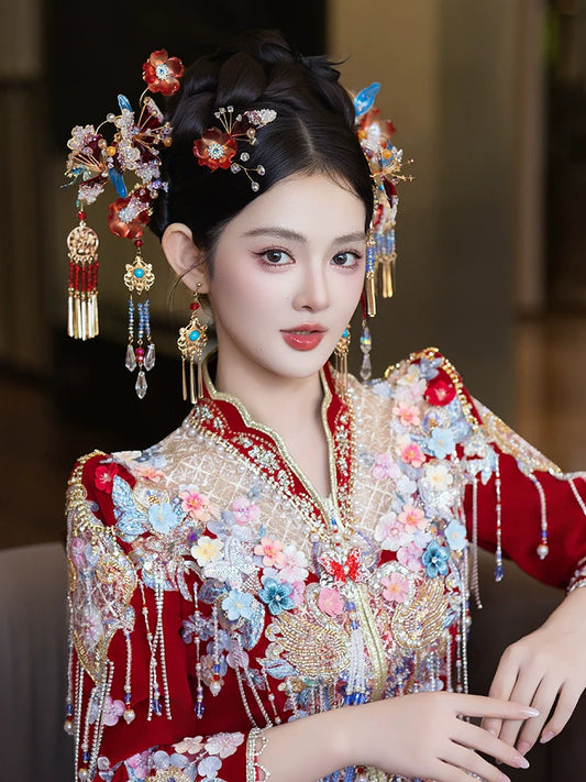 Unique Red and Blue Bloom - Bridal Hair Accessories Chinese Wedding Headpiece for Hanfu and Xiuhe Dress