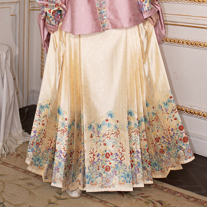 Ming Dynasty Wedding Hanfu Set with Pipa Sleeve Top & Mamian Skirt | Auspicious Fortune 福禄来宜