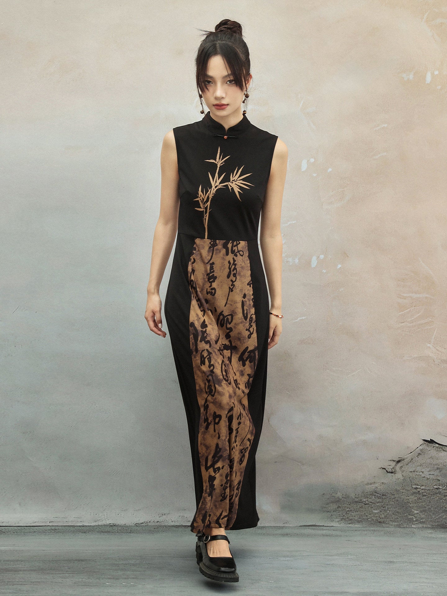 New Chinese Style Retro Bamboo Leaf Calligraphy Print Contrast Cheongsam Dress