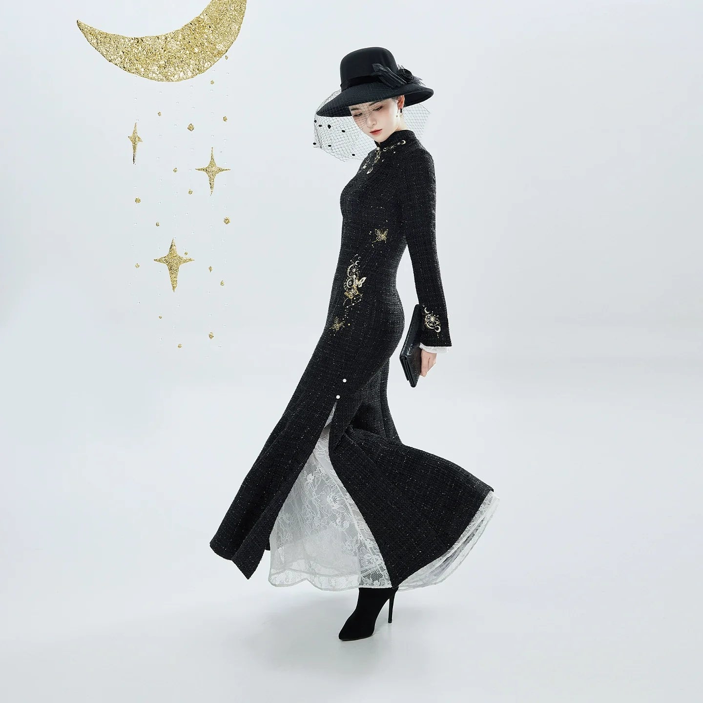 New Chinese Style Embroidered Cloak Qipao Mermaid Dress - Sun and Moon 日月同姝 (Preorder)