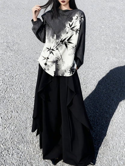 New Chinese Style Black and White Bamboo Prints Long Sleeve Top - Zhuye 竹叶
