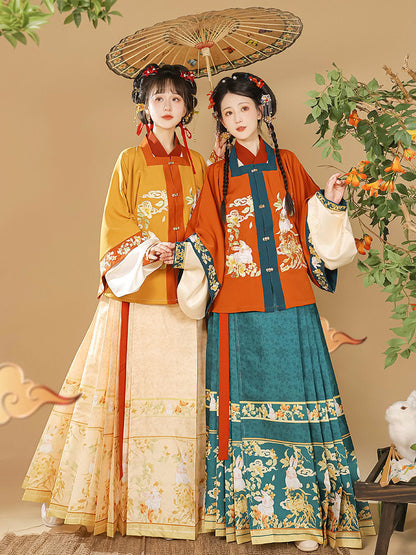 Ming Dynasty Embroidered Square Collar Jacket & Printed Mamian Skirt | Money Rabbit 钱兔