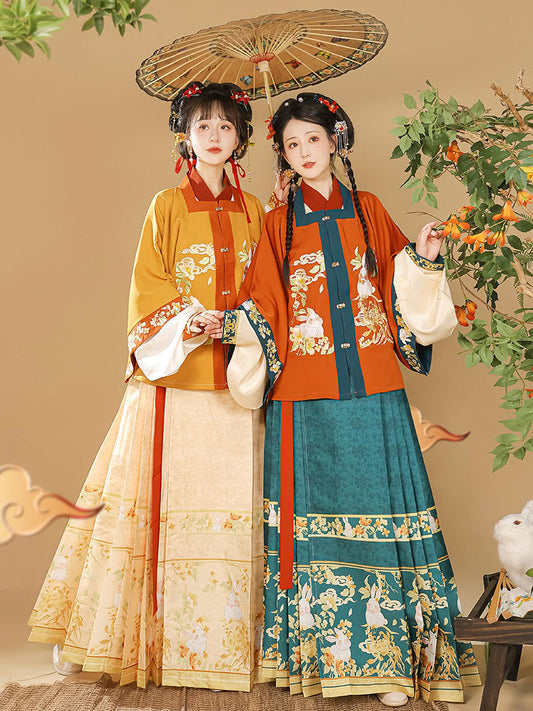 Ming Dynasty Embroidered Square Collar Jacket & Printed Mamian Skirt | Money Rabbit 钱兔
