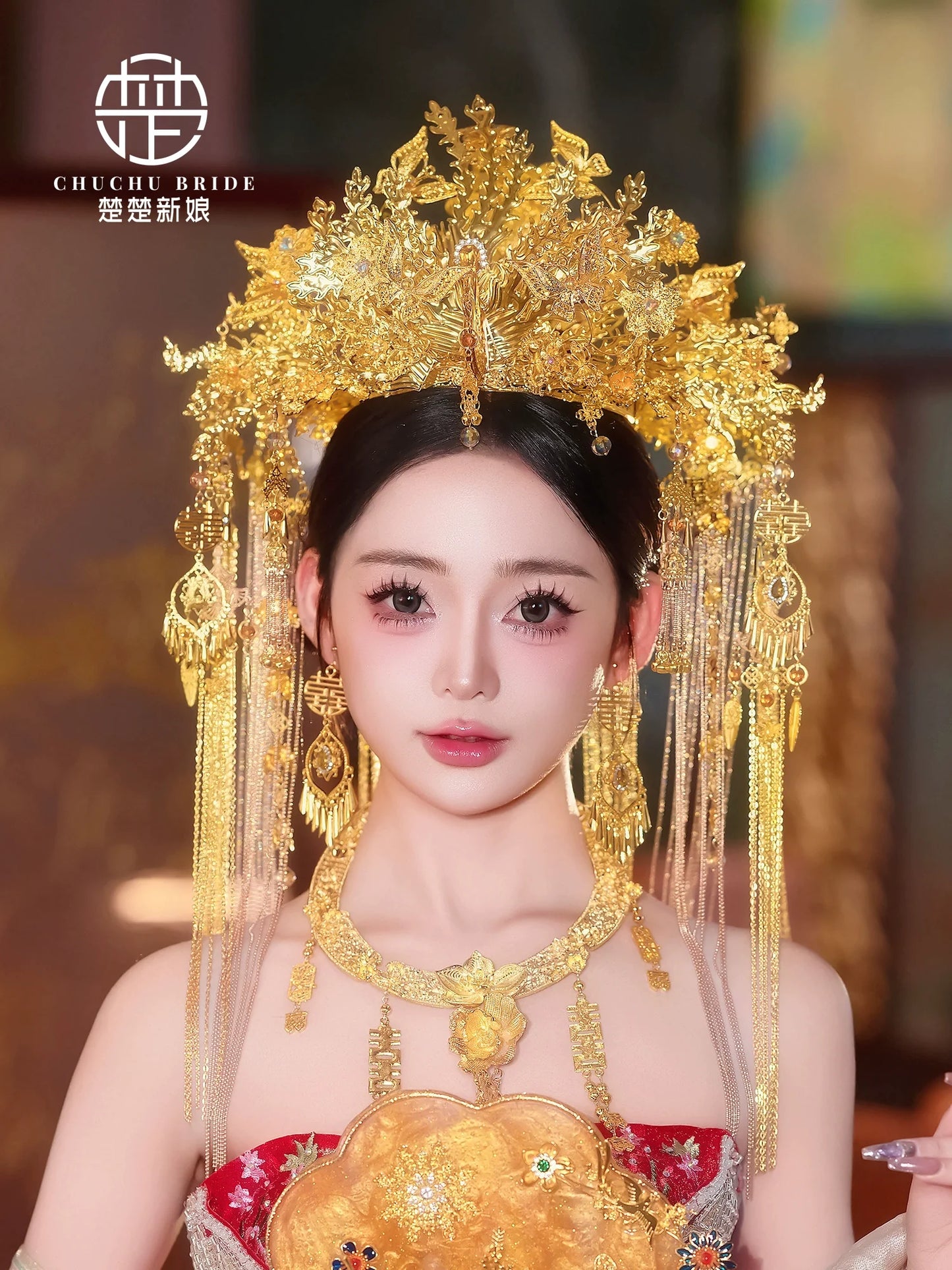 Champagne Empress - Luxurious Gold Phoenix Bridal Crown Full Headpiece for Hanfu Wedding Outfit