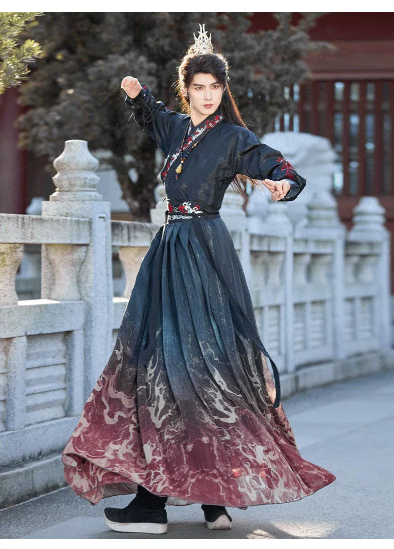 Crimson Flame 赤焰 - Unisex Wei-Jin Style Hanfu Robe with Cross Collar, Cool Heroic Ancient Style Outfit