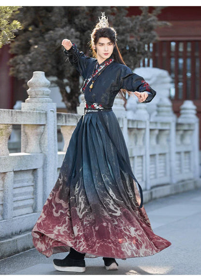 Crimson Flame 赤焰 - Unisex Wei-Jin Style Hanfu Robe with Cross Collar, Cool Heroic Ancient Style Outfit