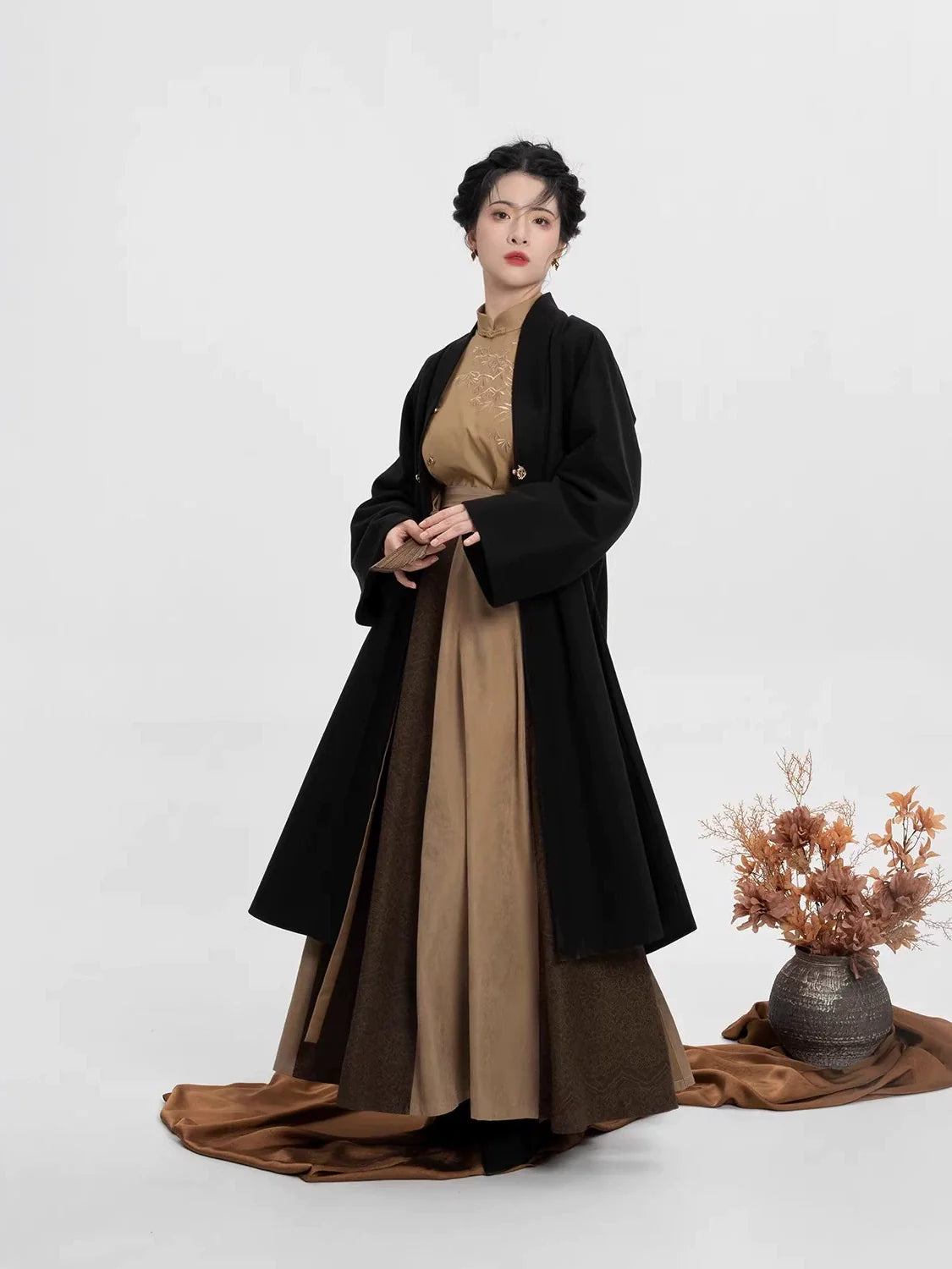 New Chinese Style Women Long Sleeve Top, Skirt & Long Coat Modern Hanfu Set - Brown Pine 泠竹褐松 (Preorder)