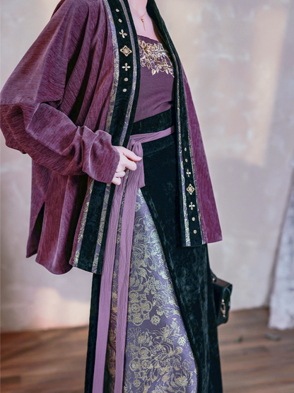 Song Dynasty Modern Hanfu Winged Sleeve Top and Spiral Skirt - Twilight Purple 暮山紫 (Preorder)