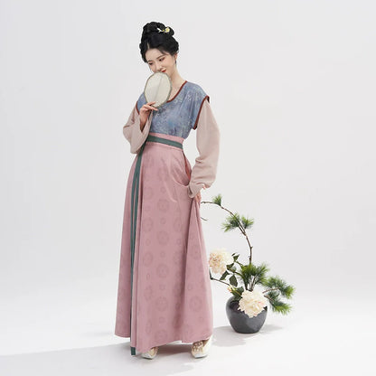 Tang Dynasty Modern Hanfu Set with Beizi Overlay & Flowing Eight-Panel Skirt - Bicheng 碧城 (Preorder)
