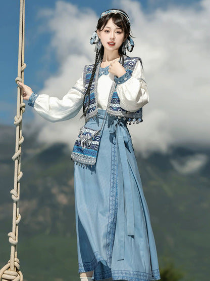 Fulan 潋滟浮兰 - New Chinese Style Ethnic Wrap Skirt and Vest Outfit