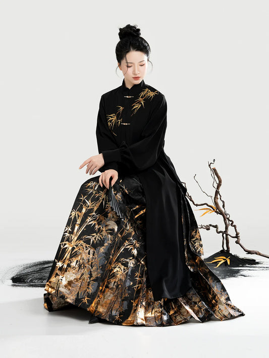 Golden Bamboo Ink Chinese Blouse & Mamian Skirt Outfit - modern Ming-inspired hanfu, front view