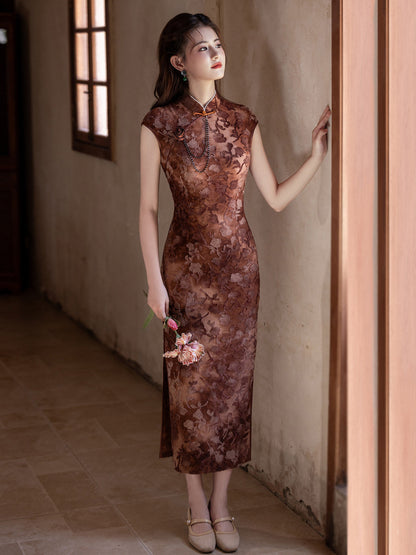 Short Sleeve Floral Long Cheongsam | Qiangwei