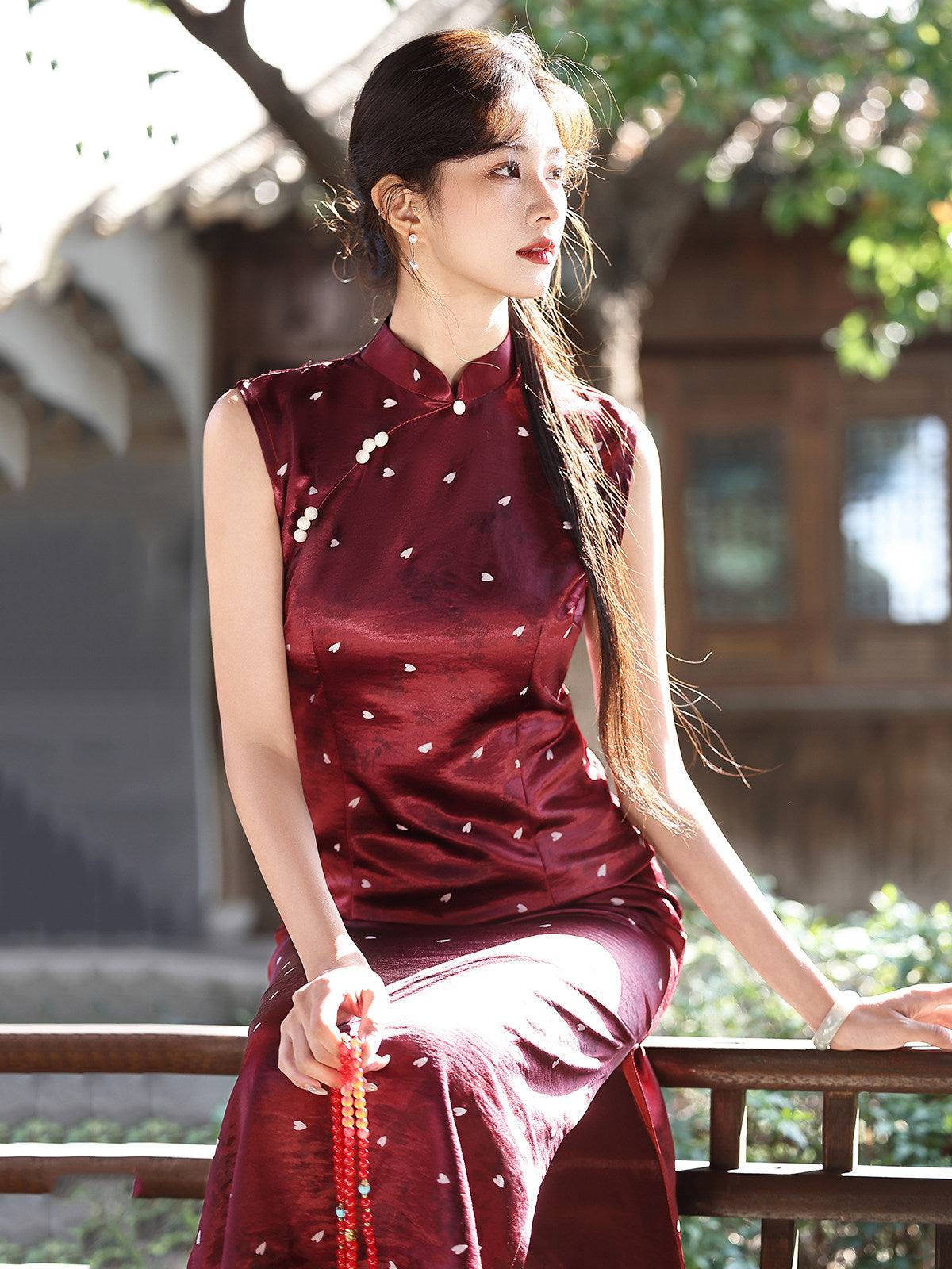 Sleeveless Hearts Midi Cheongsam | Wine