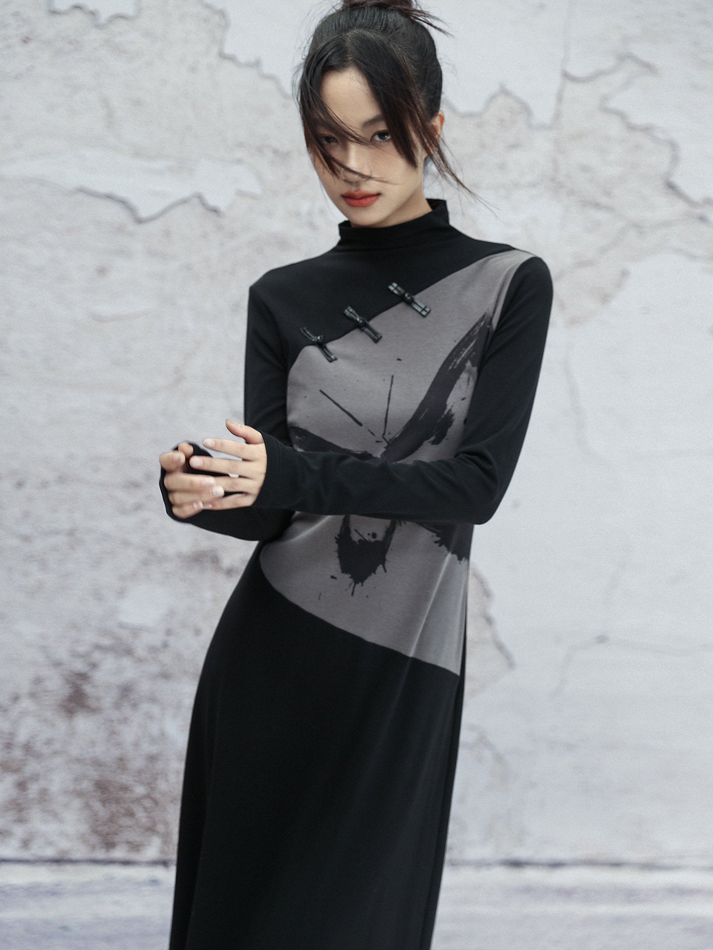 New Chinese Style Retro Ink Butterfly Print Long Sleeve Dress