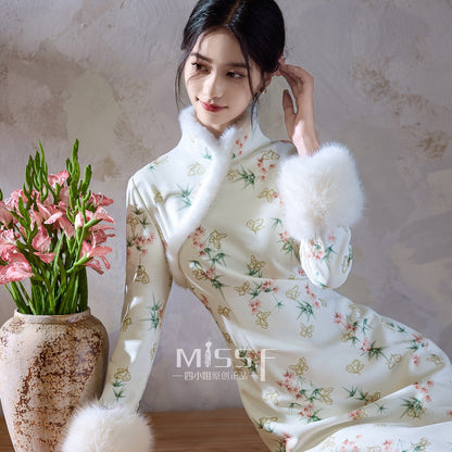 Long Sleeve Fur Trim Midi Qipao | Butterfly Bamboo