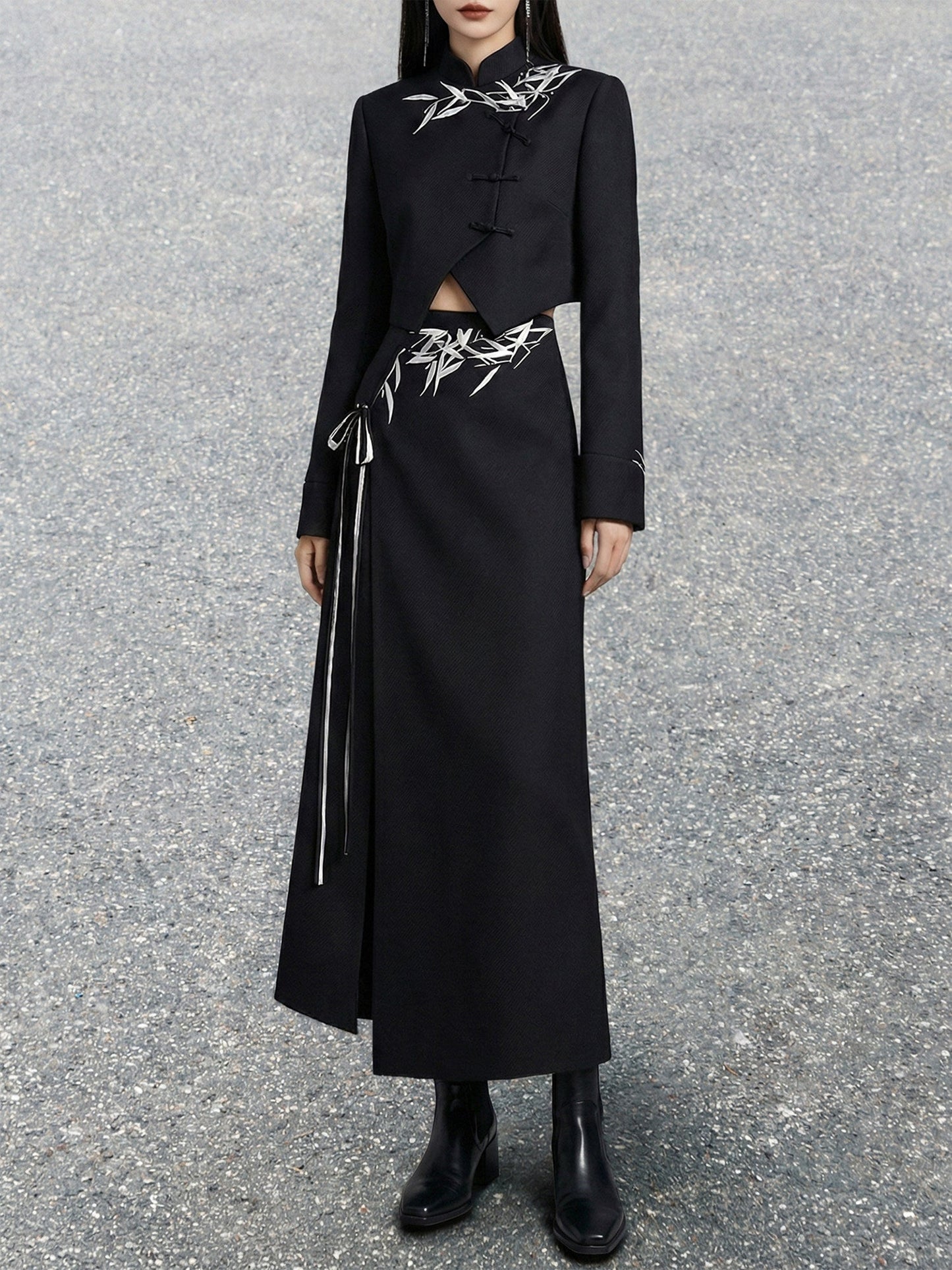New Chinese Style Black Bamboo Leaf Print with Irregular Hem Crop Suit and Slit Skirt (Preorder)