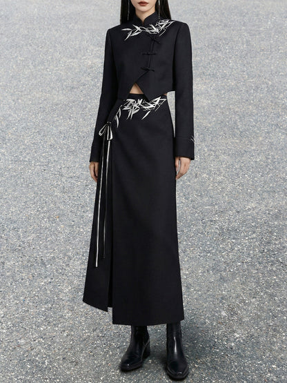 New Chinese Style Black Bamboo Leaf Print with Irregular Hem Crop Suit and Slit Skirt (Preorder)
