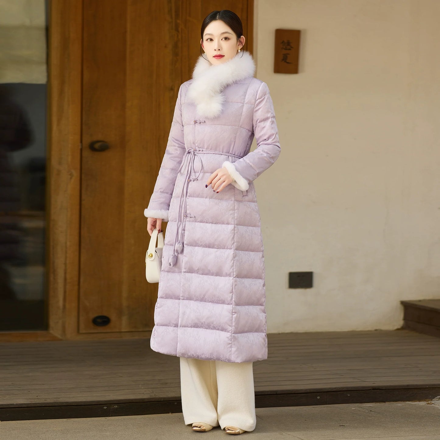 Pavilion Ink 兰亭墨 - Lilac Down Coat for Women with Frog Buttons, Qipao-Inspired Winter Outerwear