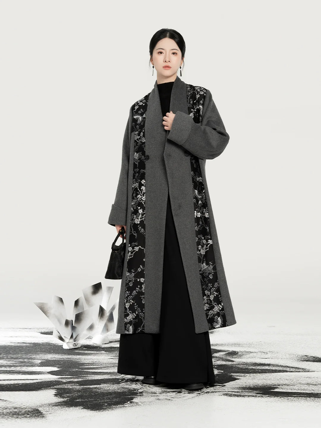 New Chinese Style Wool Coat Magpie & Plum Blossom Silver Woven Overcoat - Hanzhi 寒至 (Preorder)