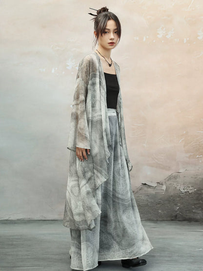 New Chinese Style Light and Breathable Graphite Texture Print Long Cardigan