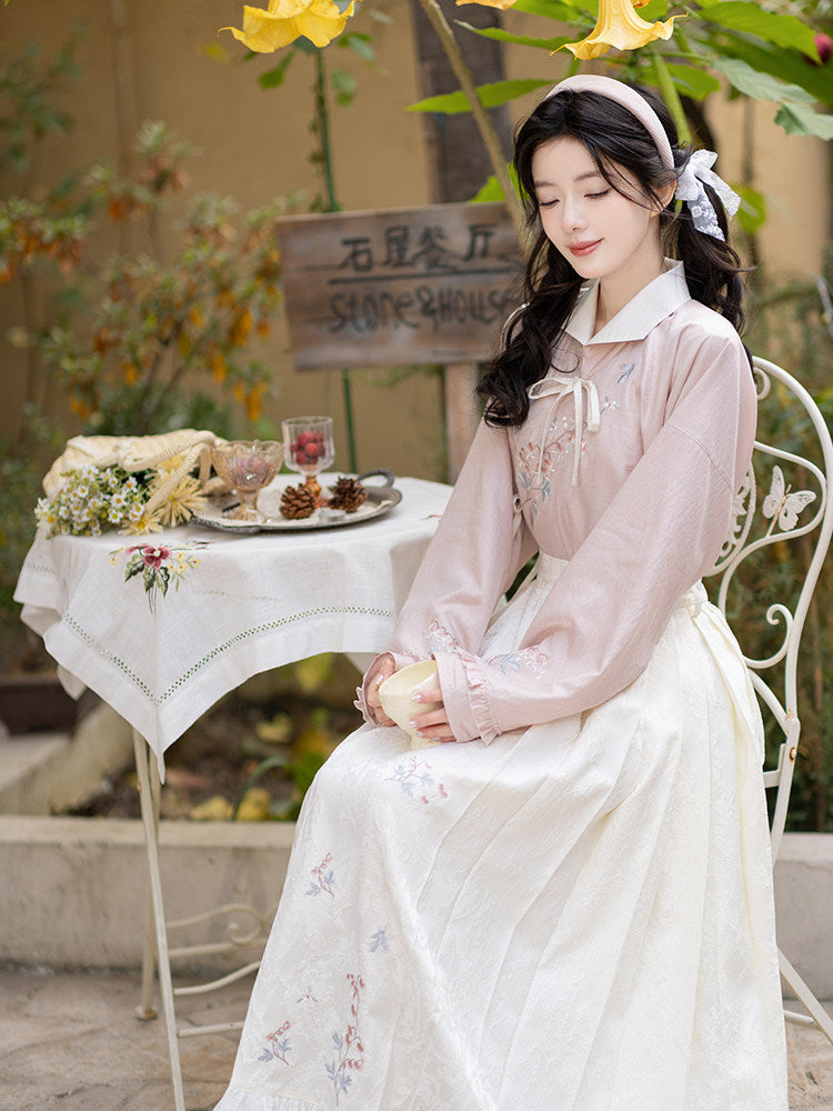 Ming Dynasty Lapel Tencel Short Shirt and Elastic Mamian Skirt - Fish Peony 鱼儿牡丹 (Preorder)