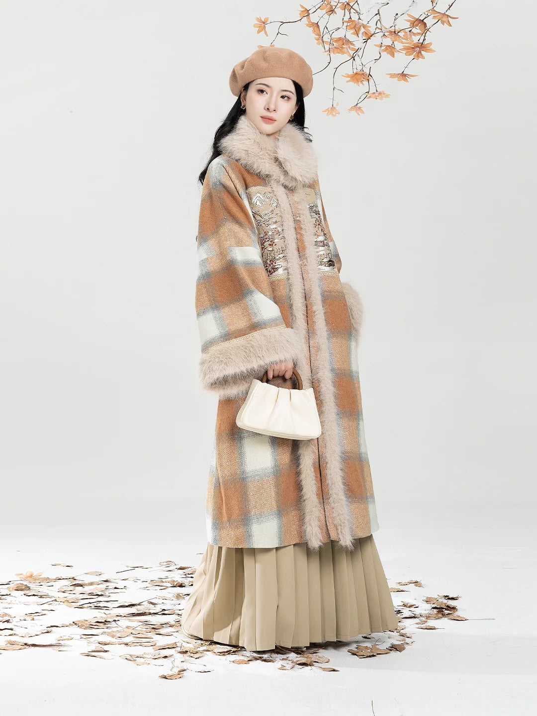 New Chinese Style Women Round-Neck Coat and Pleated Skirt - Evening Breeze and Snow 晚风欲雪 (Preorder)