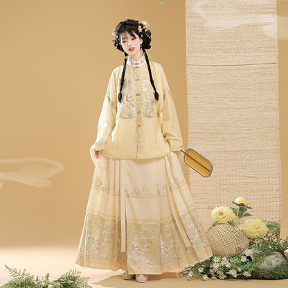 Ming Dynasty Pastel Embroidered Pipa Sleeve Top & Printed Mamian Skirt | Osmanthus Rabbit 桂花兔