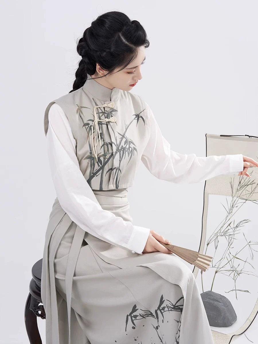 Song Dynasty Modern Hanfu Set with Majia, Long Sleeve Top and Spiral Skirt - Charming Bamboo 君竹 (Preorder)