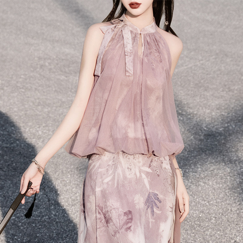 New Chinese Style Pink Puffy Top and A-line Skirt - Wilderness 旷野 (Preorder)