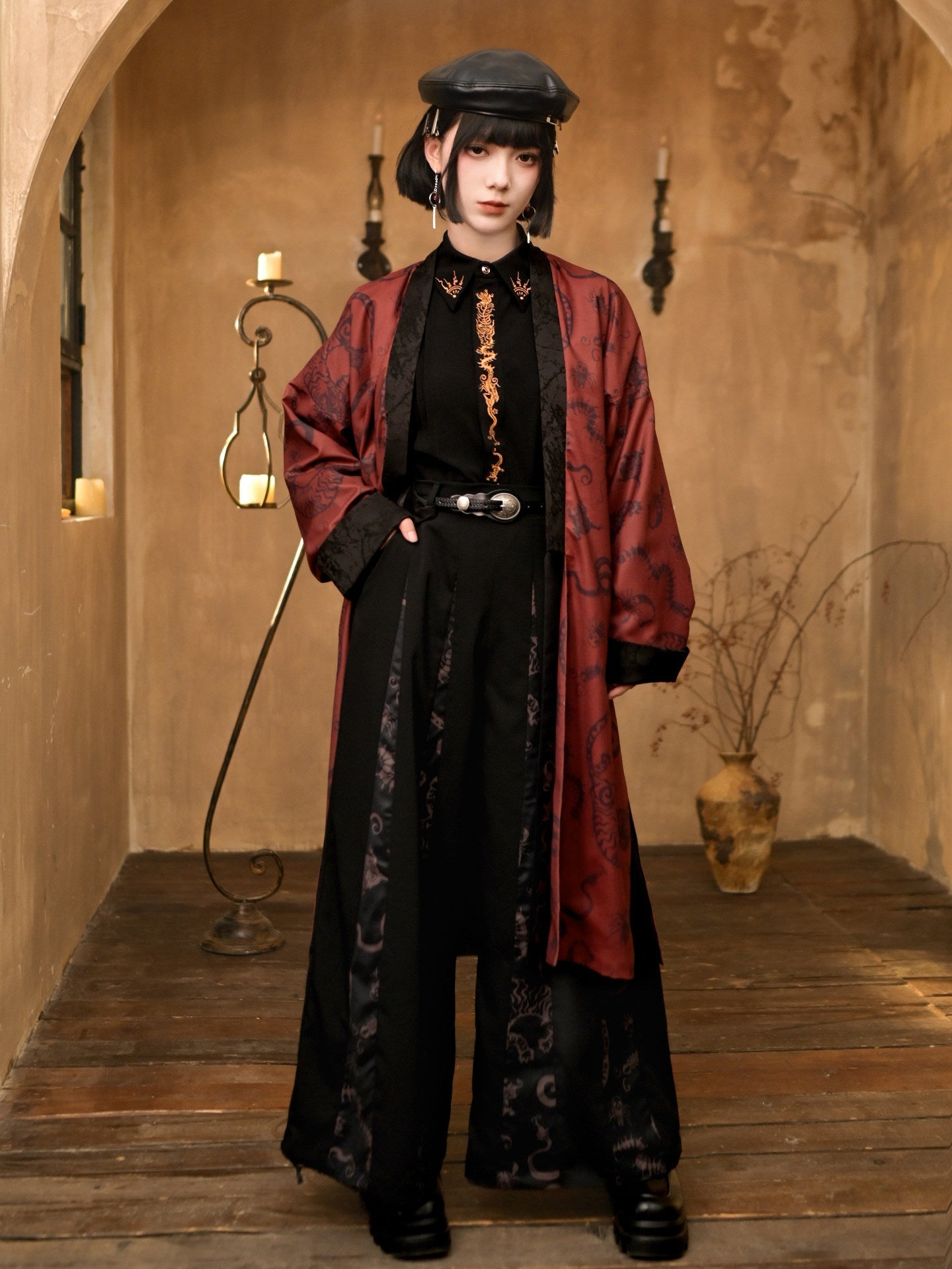 New Chinese Style Black and Red Print Antique Long Coat - Five Poisons 五毒