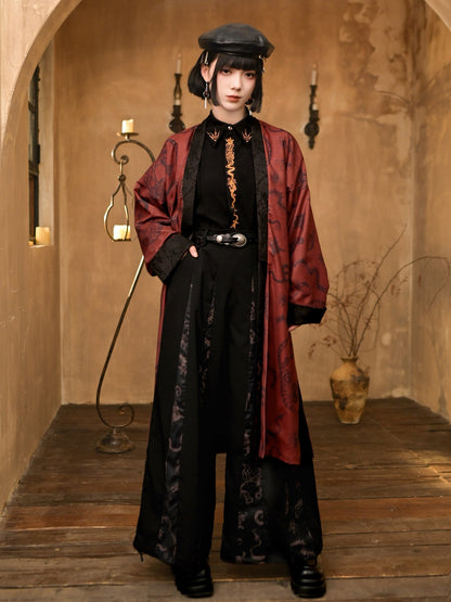 New Chinese Style Black and Red Print Antique Long Coat - Five Poisons 五毒