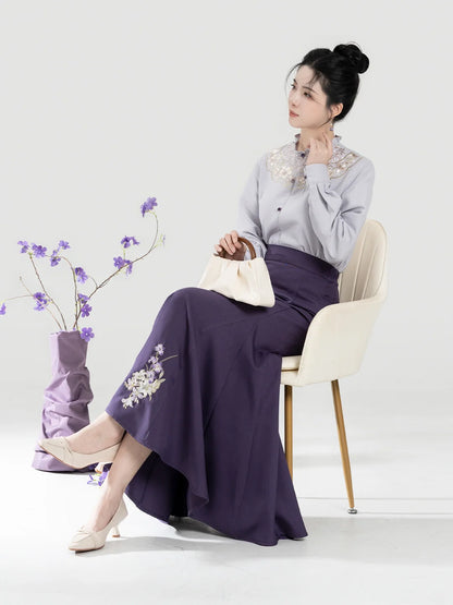 New Chinese Style Women Purple Embroidered Blouse with Fitted Mermaid Skirt - Xianglan 雪香兰 (Preorder)