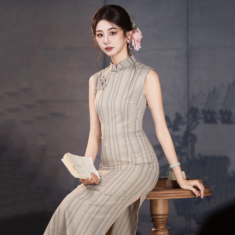 Short Sleeve Vertical Stripes Midi Cheongsam | Wenyi